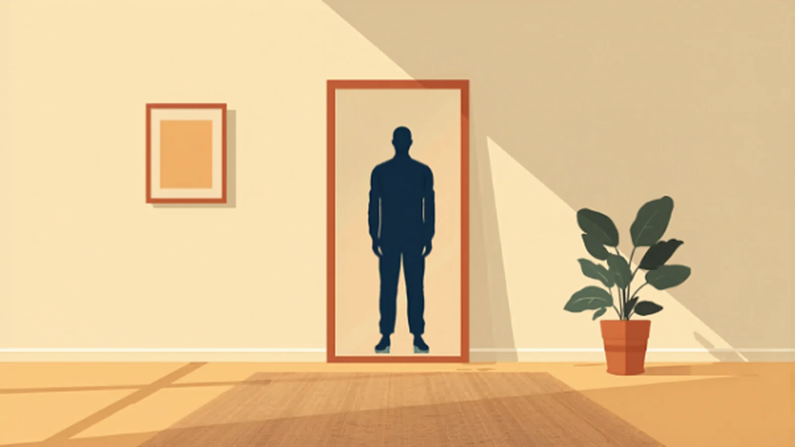 Ilustración plana de una persona en silueta navy reflejada en un gran espejo de pie con marco terracota en una habitación cálida, con un cuadro en la pared, una planta en maceta y una alfombra bajo luz suave de ventana, evocando la construcción consciente de la identidad profesional.