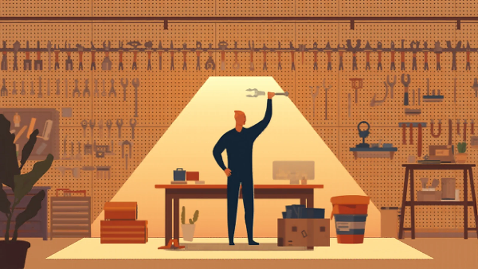 Ilustración plana de una persona en silueta navy de pie en un taller sosteniendo en alto una única herramienta iluminada por un haz de luz, frente a un gran panel de pared repleto de herramientas ordenadas, con un banco de trabajo, un cubo terracota y una planta, evocando la selección deliberada de una herramienta entre muchas opciones similares.