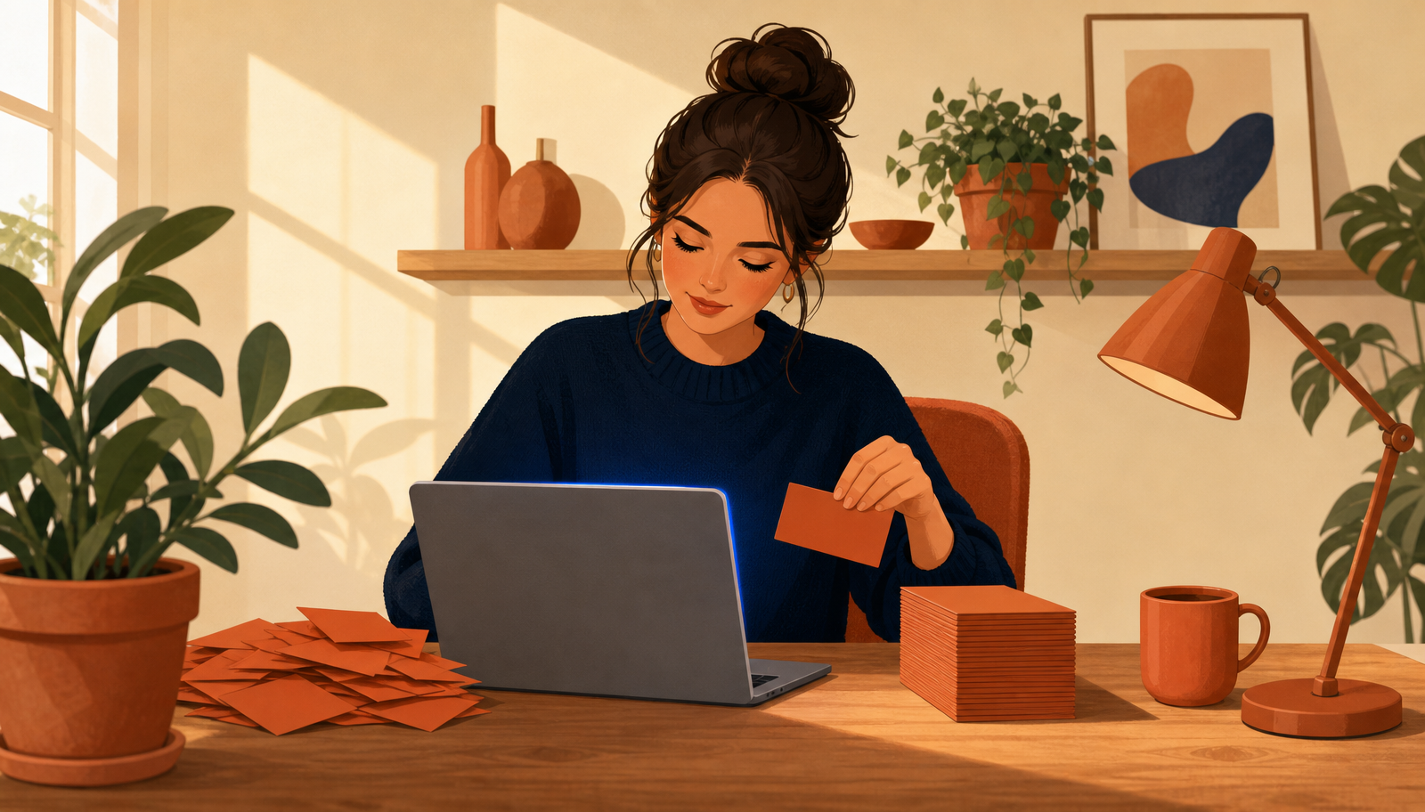 Ilustración cálida de una mujer con moño alto y jersey navy sentada a un escritorio de madera separando cuidadosamente en dos montones un mazo de tarjetas terracota en blanco: un montón ordenado a un lado (las que importan) y un montón desordenado al otro, junto a un portátil de pantalla iluminada en azul, una lámpara y una taza terracota.