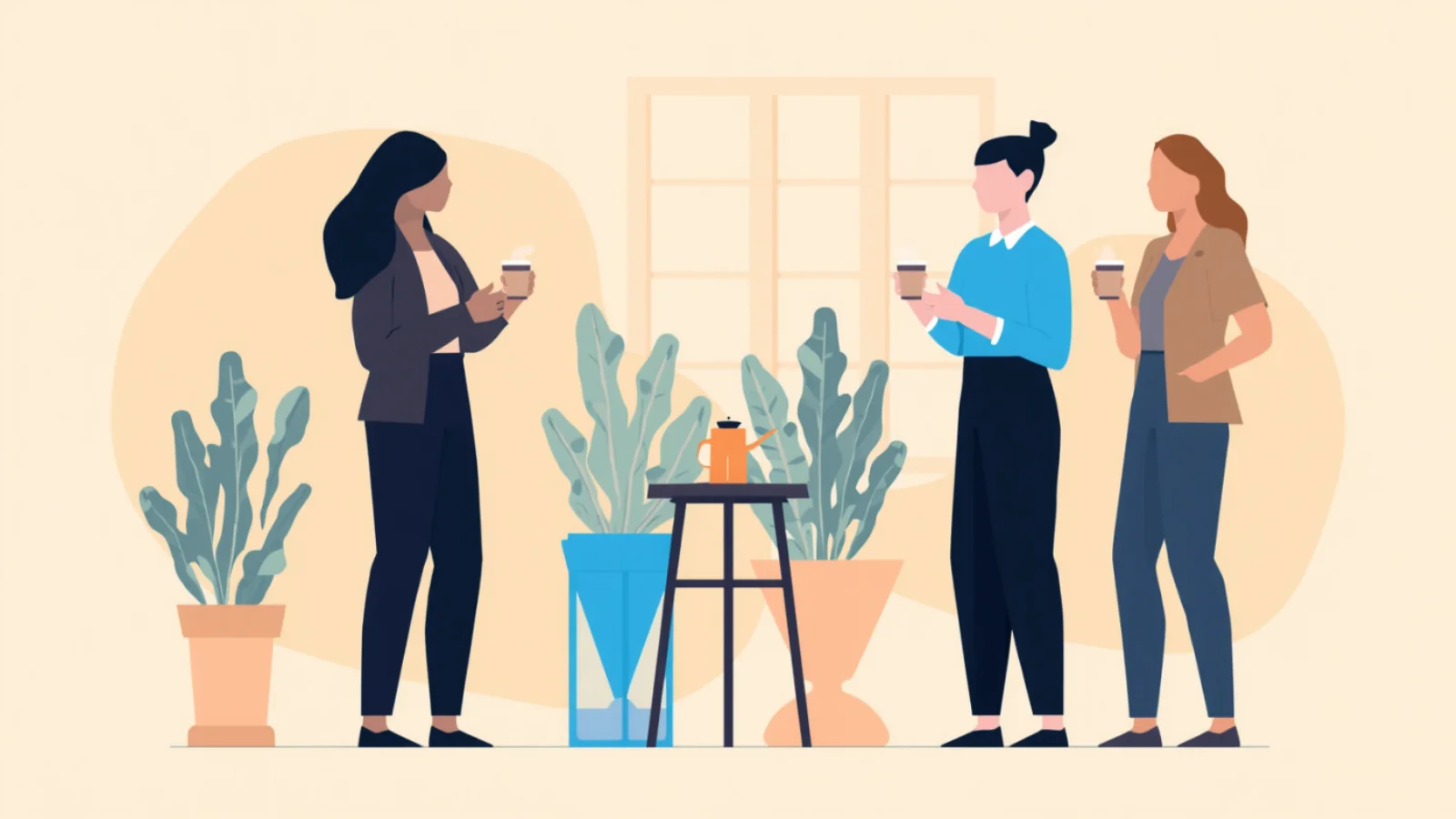 Ilustración plana de tres personas conversando de pie en un café, con tazas de café en la mano, alrededor de una pequeña mesa con plantas, evocando un encuentro profesional relajado y natural.