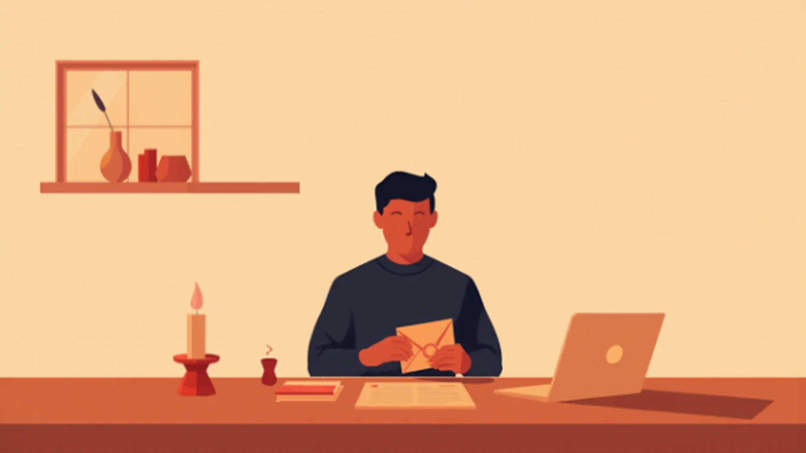 Ilustración plana de una persona sentada a un escritorio cerrando una carta en un sobre, con una vela encendida en un candelero terracota, un sello de lacre, papeles y un portátil, y una ventana con un estante y jarrones al fondo, evocando la escritura cuidadosa a una audiencia concreta.