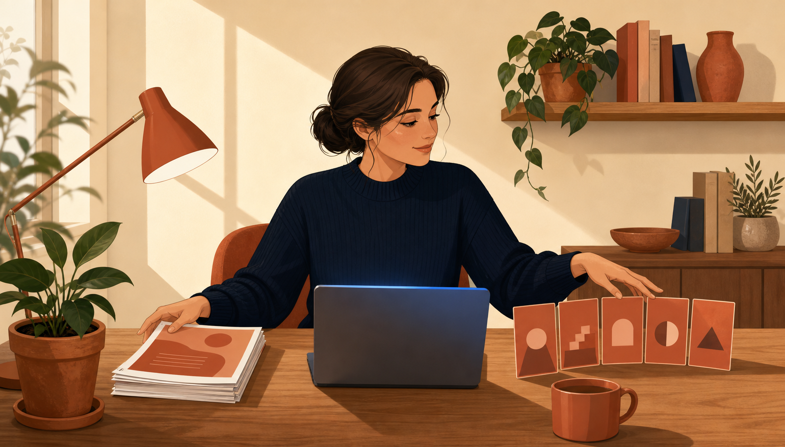 Ilustración cálida de una mujer con moño bajo y jersey navy sentada a un escritorio de madera sopesando dos opciones: a su izquierda una pila de documentos PDF impresos en tonos terracota y a su derecha una secuencia horizontal desplegada de cinco tarjetas terracota como un carrusel, con un portátil entre ambas cuyo borde de pantalla brilla en azul, junto a lámpara y planta terracota.
