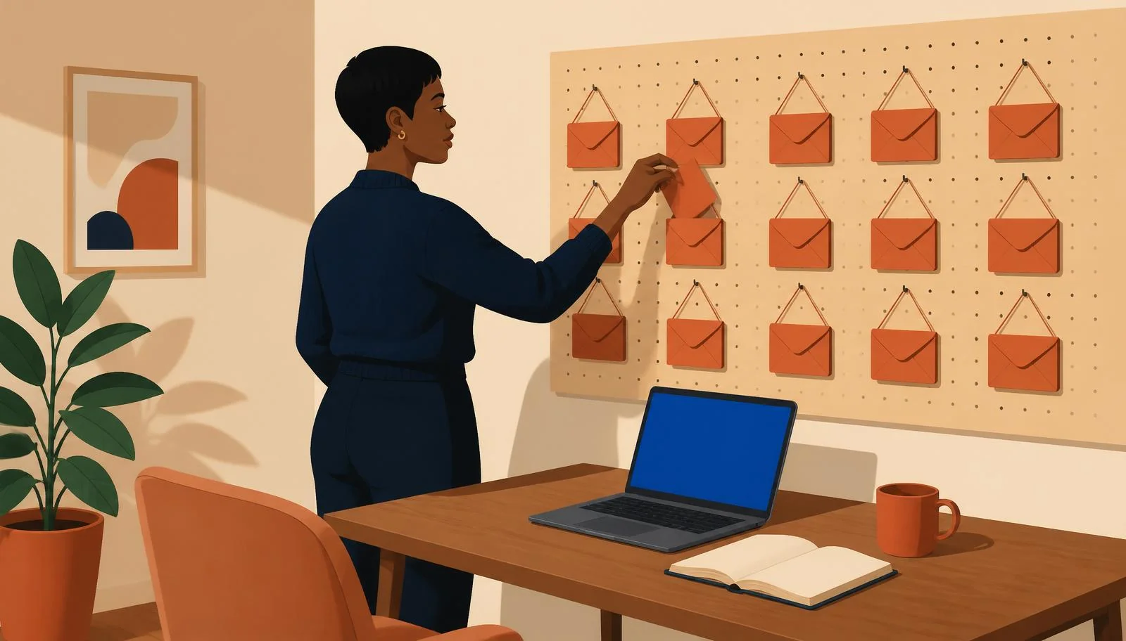 Ilustración cálida de una mujer con corte pixie y jersey navy de pie junto a un escritorio de madera introduciendo con cuidado una pequeña nota doblada terracota en uno de los quince sobres terracota colgados con hilos sobre un tablero de clavijas beige, mientras un portátil sobre la mesa emite luz azul y una taza y una planta terracota completan la escena.