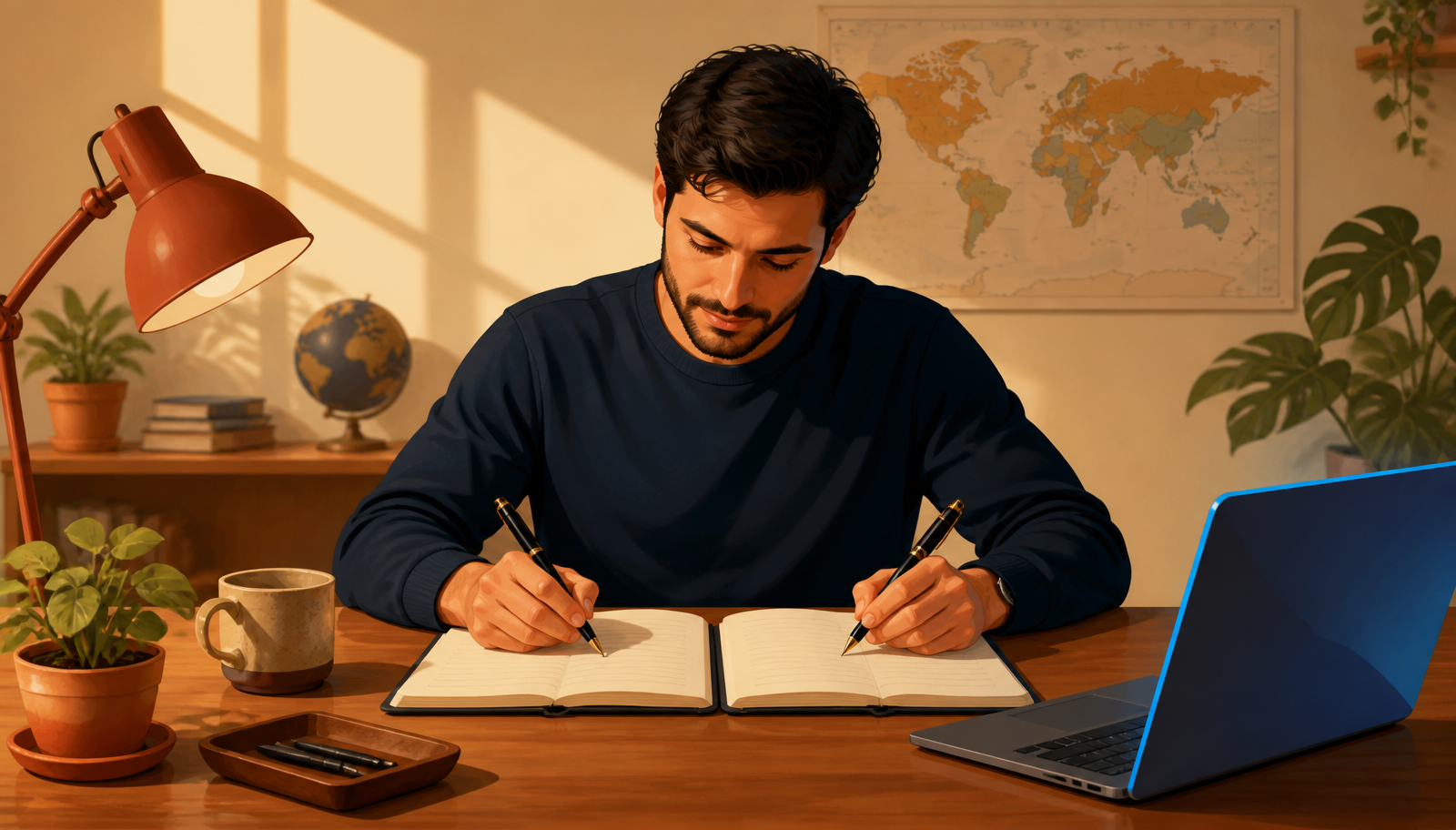 Ilustración cálida de una persona en jersey navy sentada a un escritorio de madera escribiendo simultáneamente con dos plumas estilográficas, una en cada mano, sobre dos cuadernos abiertos idénticos, con un mapamundi en la pared, una lámpara terracota, una taza, plantas y un portátil con el borde iluminado en azul.