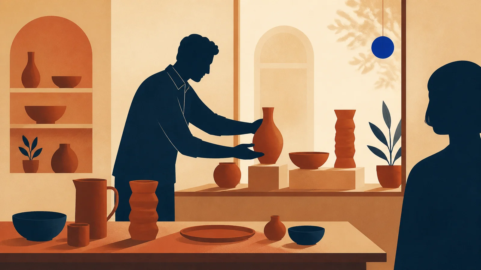 Ilustración plana de un hombre en silueta navy colocando piezas de cerámica terracota en un escaparate cálido mientras una visitante observa desde el otro lado del mostrador.