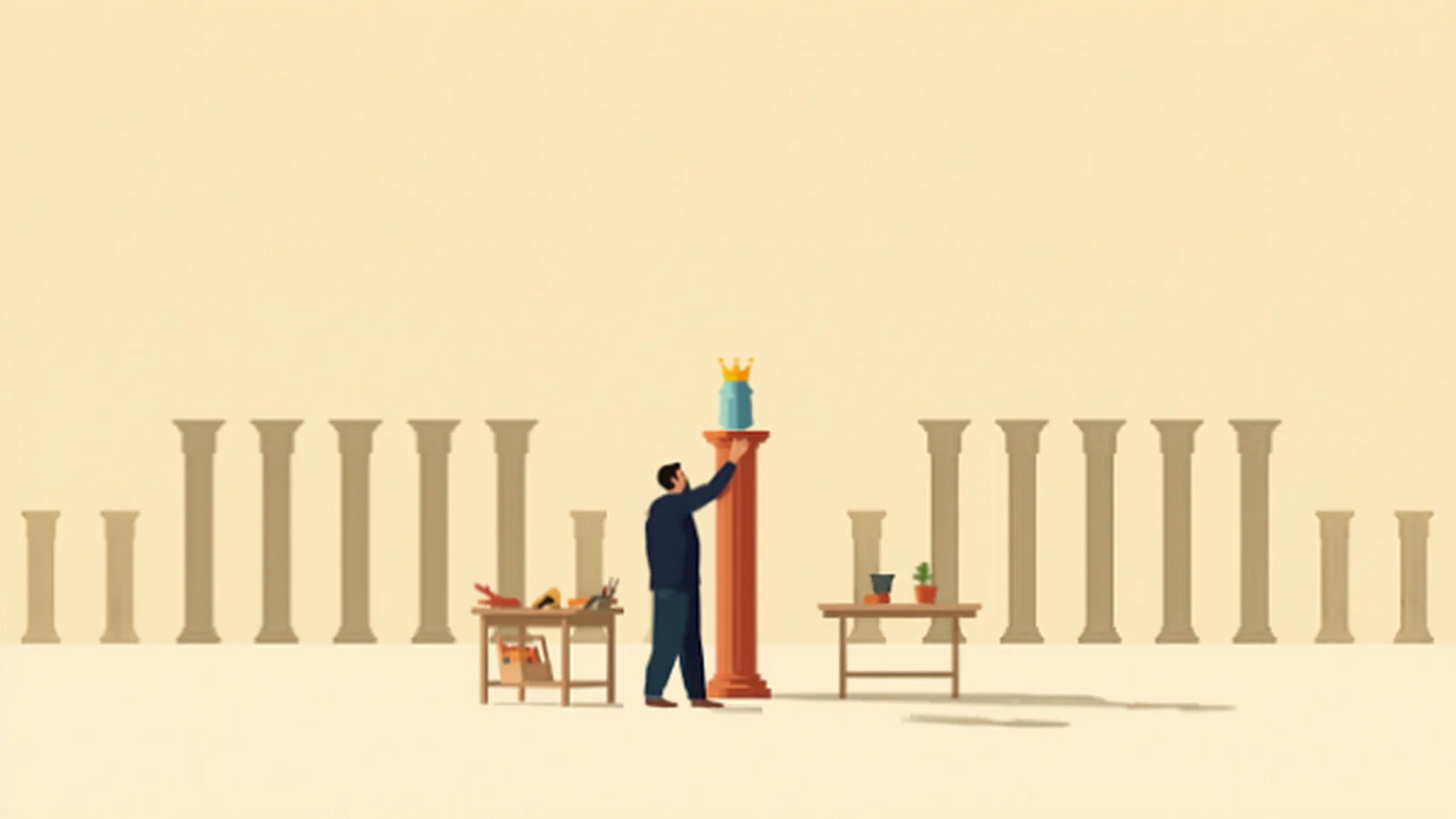 Ilustración plana de una persona colocando una pieza azul sobre una columna de terracota propia, mientras a ambos lados se alinea una hilera de columnas grises idénticas, con un banco de trabajo con herramientas y una mesita con una planta, evocando construir pilares de contenido con ángulo propio frente al contenido clónico.
