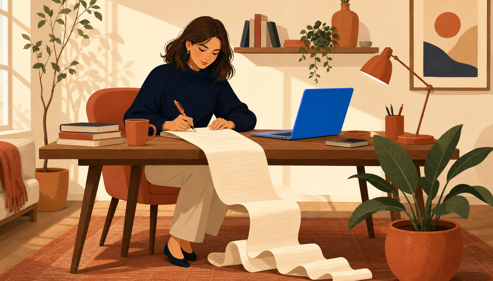 Ilustración cálida de una mujer de melena media y jersey navy sentada a un escritorio de madera escribiendo con pluma terracota sobre un pergamino largo que se despliega desde la mesa hasta el suelo en pliegues suaves, junto a una taza terracota, libros, una planta y un portátil con la pantalla iluminada en azul.