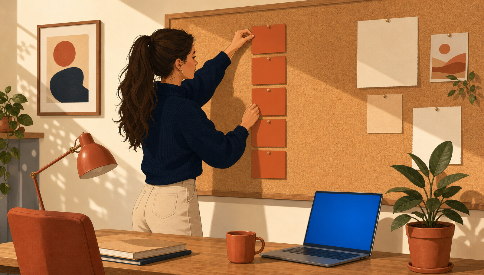Ilustración cálida de una mujer con coleta larga y jersey navy de pie ante una gran pared de corcho colocando en secuencia vertical cinco tarjetas terracota en blanco, con un escritorio de madera en primer plano con lámpara terracota, taza y un portátil con la pantalla iluminada en azul.