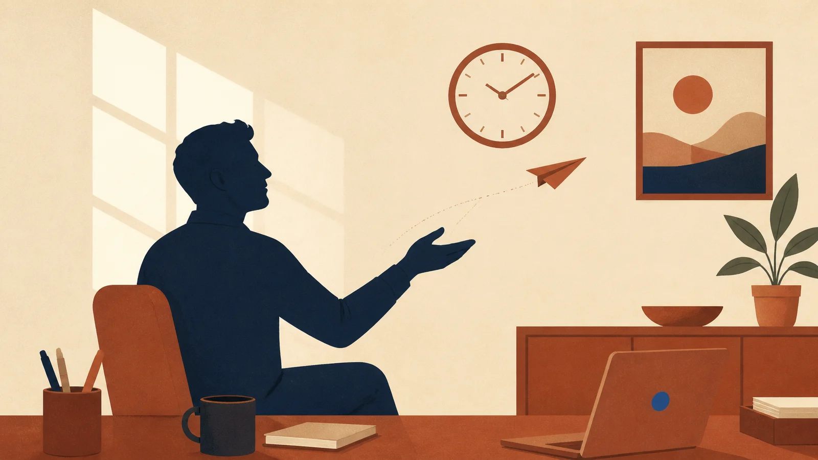 Flat illustration of a navy-silhouetted man at his desk releasing a terracotta paper plane while watching a wall clock, in a warm room with window light.