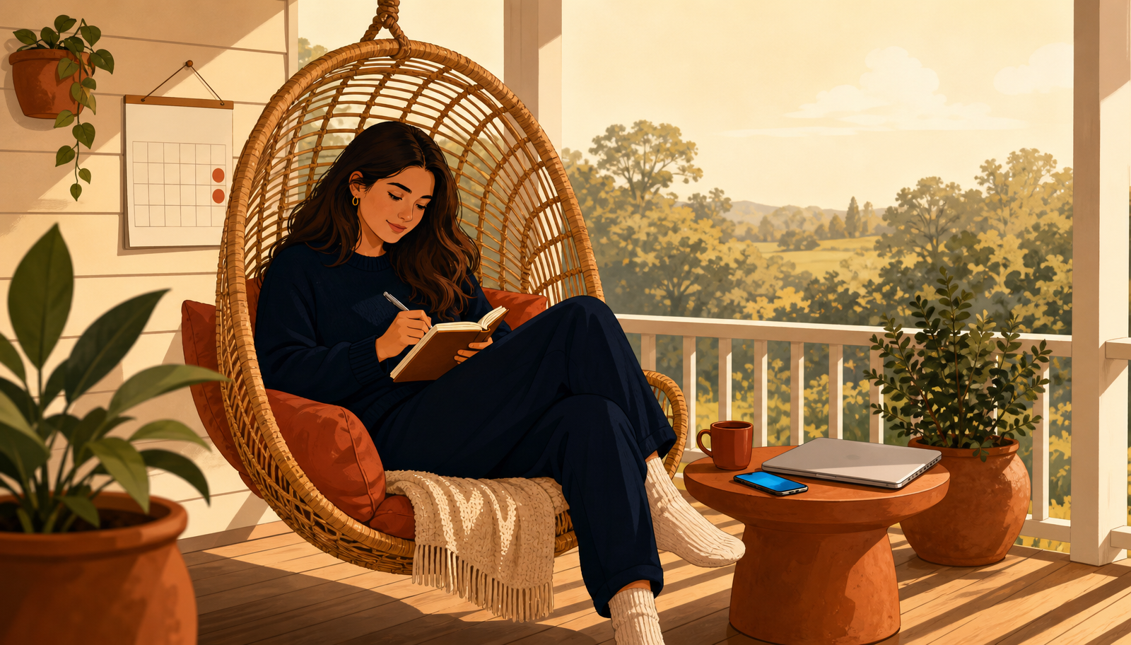 Ilustración cálida de una mujer con melena larga y jersey navy sentada cómodamente en una silla colgante de mimbre en un porche soleado con vistas a un paisaje al amanecer, escribiendo en un pequeño cuaderno con un portátil cerrado sobre una mesita terracota, un calendario en la pared con dos días marcados en círculos terracota y un móvil con pantalla iluminada en azul.