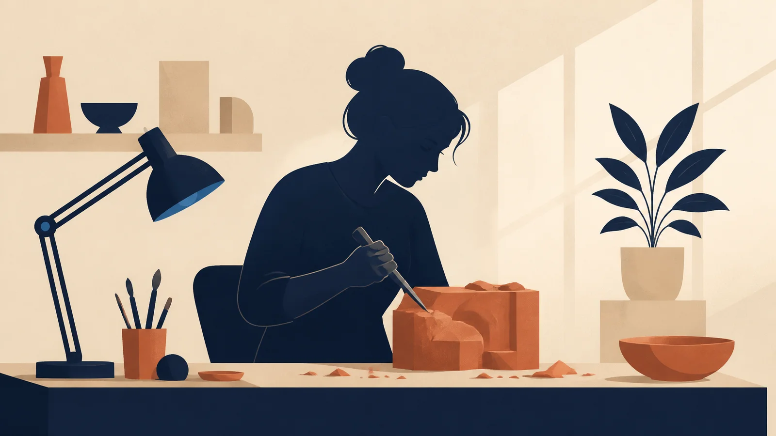 Flat illustration of a navy-silhouetted woman chiselling a terracotta block on a warm desk, shavings falling, with a lamp and a plant by the window.