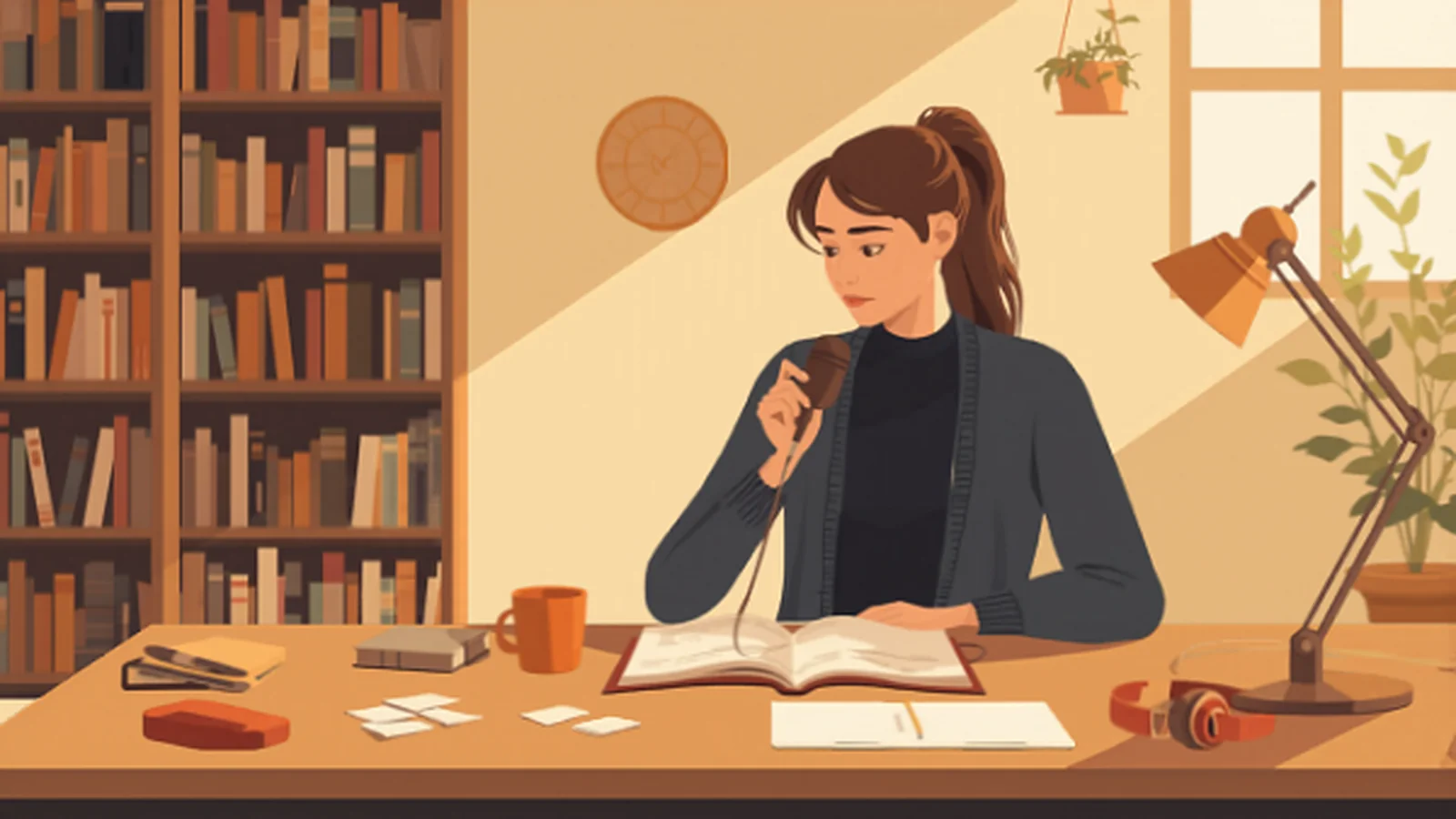 Ilustración cálida de una mujer concentrada grabando podcast con micrófono en mano, con un cuaderno abierto, tarjetas dispersas y auriculares terracota sobre el escritorio, una estantería de libros y una planta detrás, evocando la conversión de una grabación larga en piezas cortas para LinkedIn.
