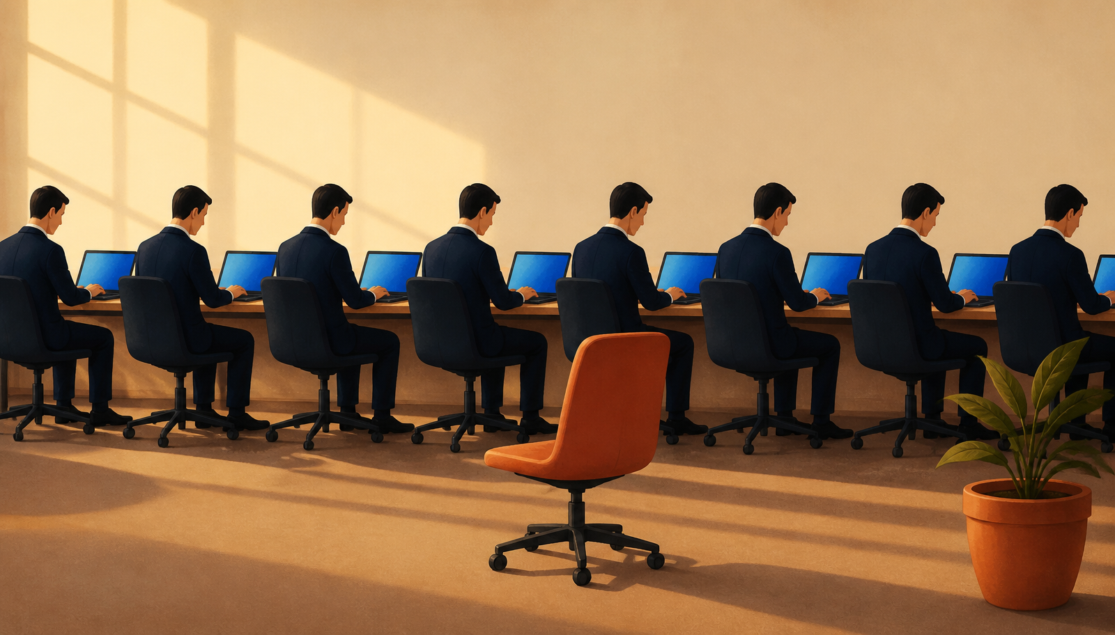 Ilustración cálida de una fila de figuras navy idénticas trajeadas sentadas en una larga mesa corporativa escribiendo en portátiles idénticos con pantallas iluminadas en azul, con una silla terracota fuera de alineación rompiendo la simetría y una planta terracota en primer plano.