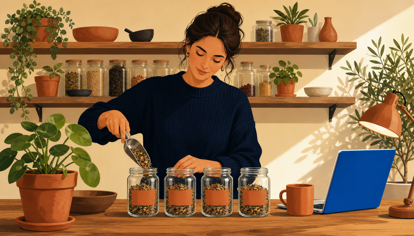 Ilustración cálida de una mujer con pelo recogido y jersey navy en una cocina-estudio, alineando en fila sobre una encimera de madera cinco tarros de cristal idénticos con etiquetas terracota en blanco y sirviendo la misma medida en cada uno con disciplina serena, junto a estanterías con más tarros, una lámpara terracota y un portátil de pantalla iluminada en azul.