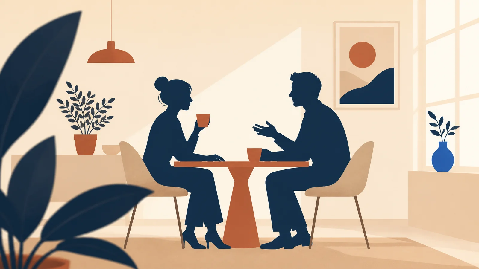 Ilustración plana de dos siluetas navy, una mujer y un hombre, conversando con calma frente a frente en una mesa redonda terracota con tazas, en una sala cálida con luz de ventana.