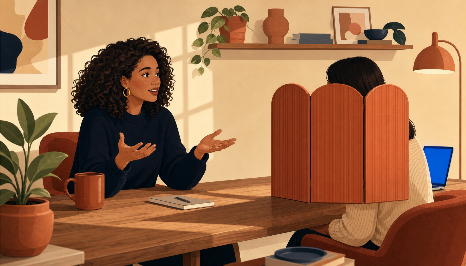 Ilustración cálida de una mujer de pelo rizado y jersey navy sentada a una mesa de madera gesticulando con las manos abiertas mientras cuenta algo a otra figura sentada enfrente cuya cara queda oculta tras un pequeño biombo terracota plegado sobre la mesa, junto a una planta, una taza terracota y un portátil con el borde iluminado en azul.