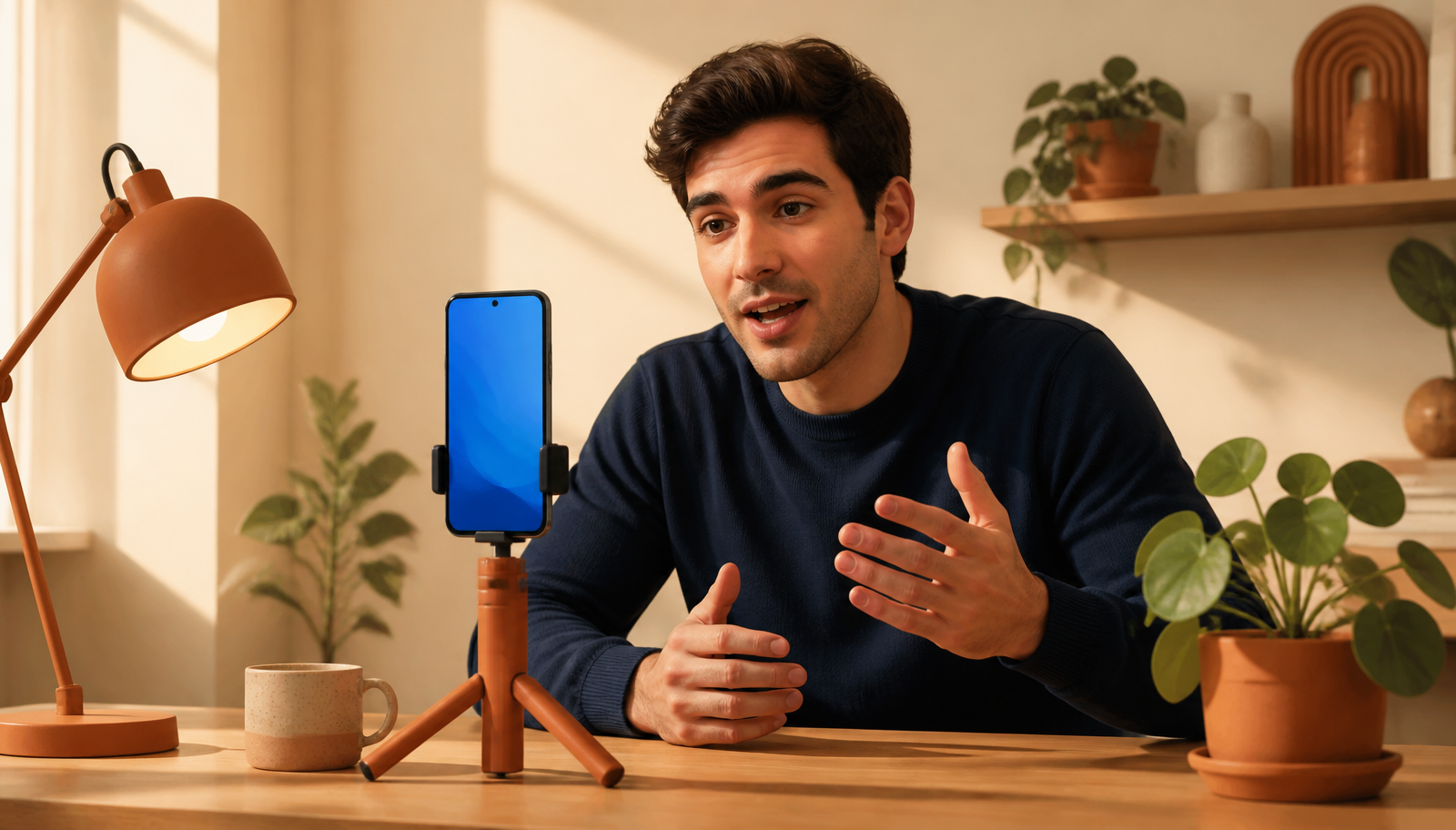 Ilustración cálida de una persona en jersey navy sentada a un escritorio de madera hablando con expresión abierta hacia un smartphone montado en vertical sobre un pequeño trípode terracota con la pantalla iluminada en azul, junto a una lámpara terracota, una taza y plantas.