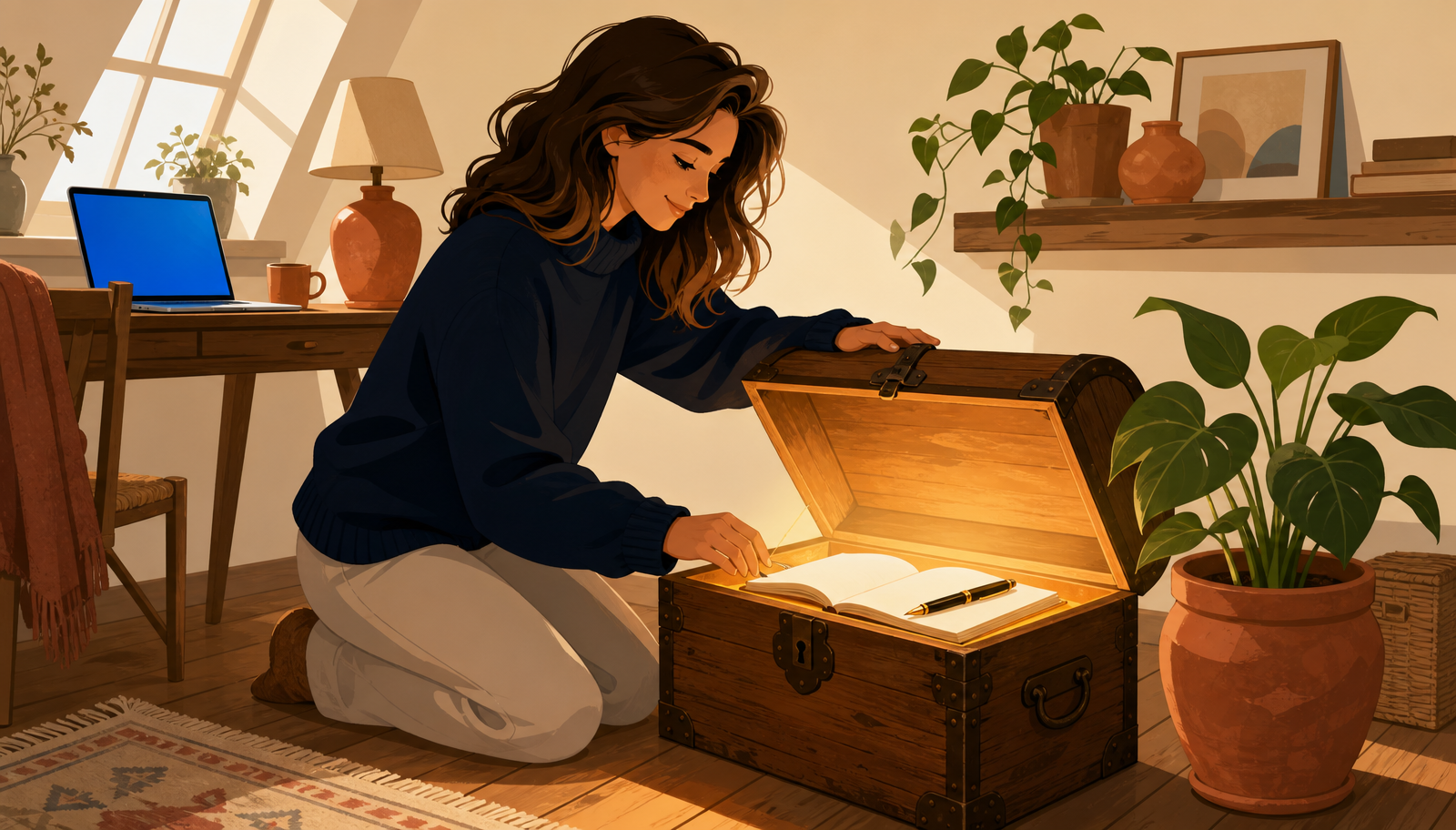 Ilustración cálida de una mujer con pelo suelto ondulado y jersey navy arrodillada en el suelo de una buhardilla luminosa levantando con delicadeza la tapa terracota de un baúl de madera antiguo del que emerge un resplandor dorado sobre un cuaderno abierto y una pluma, con un escritorio al fondo con portátil de pantalla iluminada en azul.